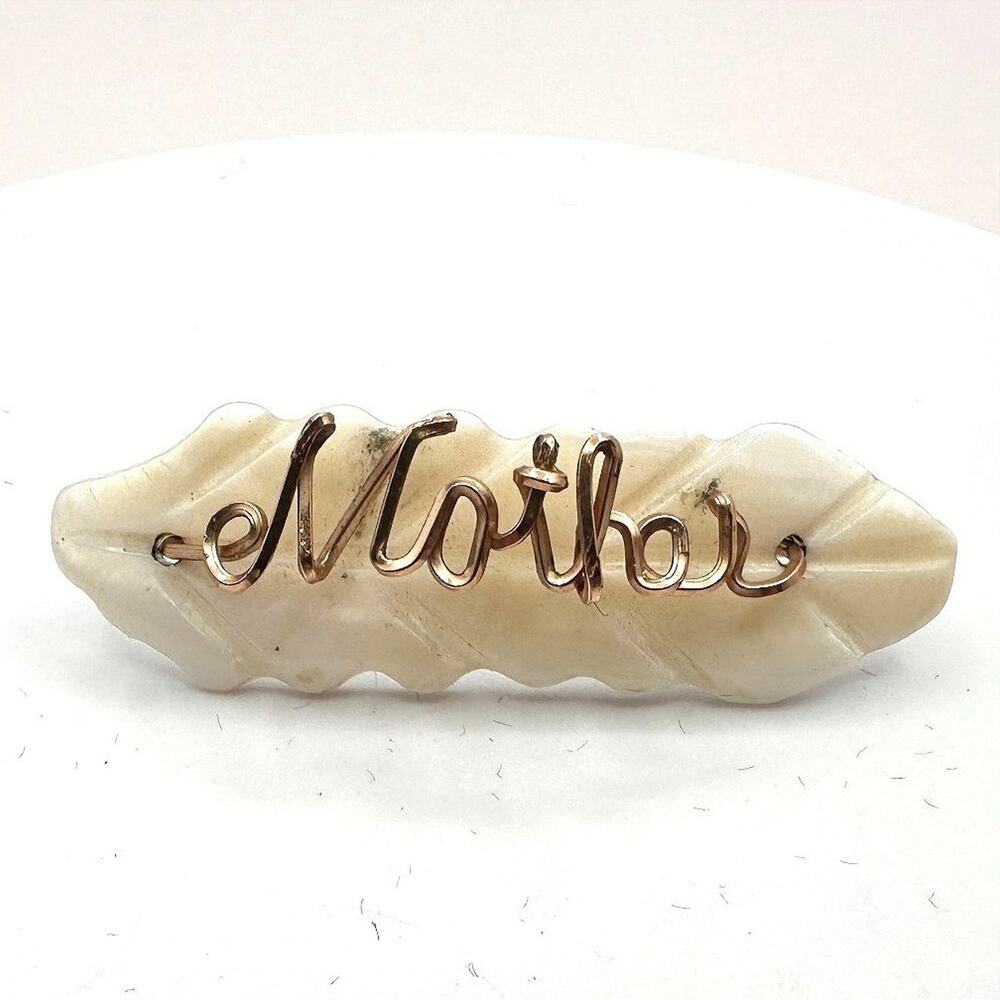 VTG 90s Script Mother Gold Tone Wire Wrapped Mother of Pearl Shell Brooch Pin